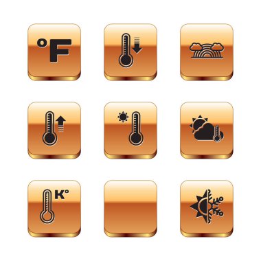 Set Fahrenheit, Meteorology thermometer, Rainbow with sun, clouds, Sun and snowflake and icon. Vector