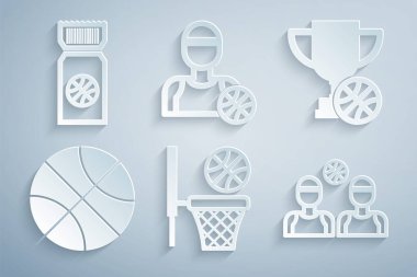 Set Basketball ball and basket, Award cup with basketball, players, and game ticket icon. Vector