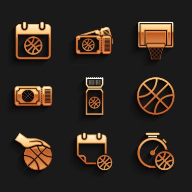 Set Basketball game ticket, on sport calendar, Stopwatch with basketball, Hand, backboard and icon. Vector