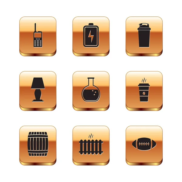 Set Walkie talkie, Wooden barrel, Heating radiator, Test tube and flask, Table lamp and Fitness shaker icon. Vector — Vetor de Stock