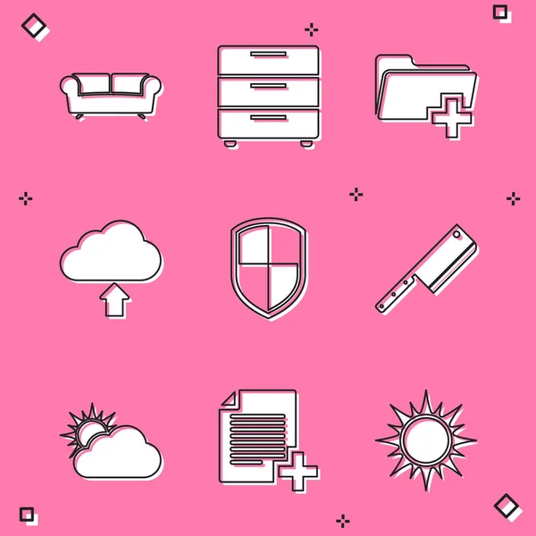 Set Sofa, Furniture nightstand, Add new folder, Cloud upload, Shield and Meat chopper icon. Vector — Stock Vector