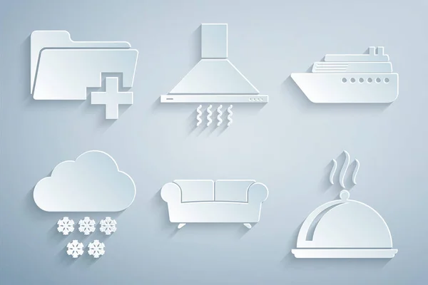 Set Sofa, Ship, Cloud with snow, Covered tray food, Kitchen extractor fan and Add new folder icon. Vector — Vector de stock