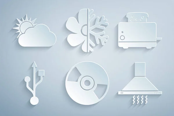 Set CD or DVD disk, Toaster with toasts, USB, Kitchen extractor fan, Air conditioner and Sun and cloud weather icon. Vector — Vector de stock