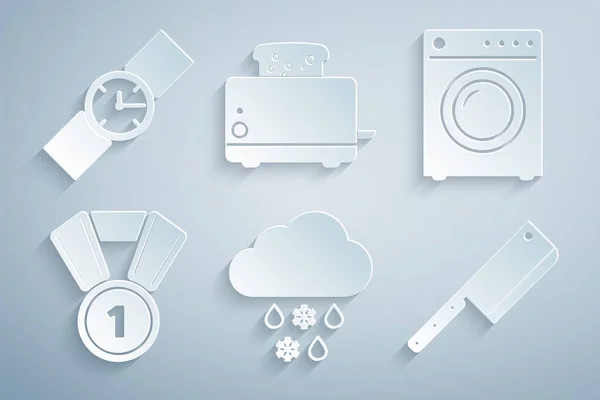 Set Cloud with snow and rain, Washer, Medal, Meat chopper, Toaster toasts and Wrist watch icon. Vector — Vettoriale Stock