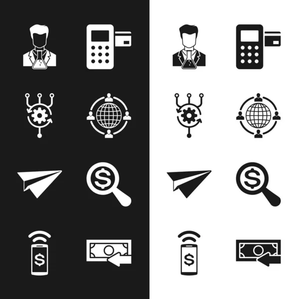 Set Outsourcing concept, Algorithm, Scientist and test tube, Pos terminal, Paper plane and Magnifying glass dollar icon. Vector — Image vectorielle