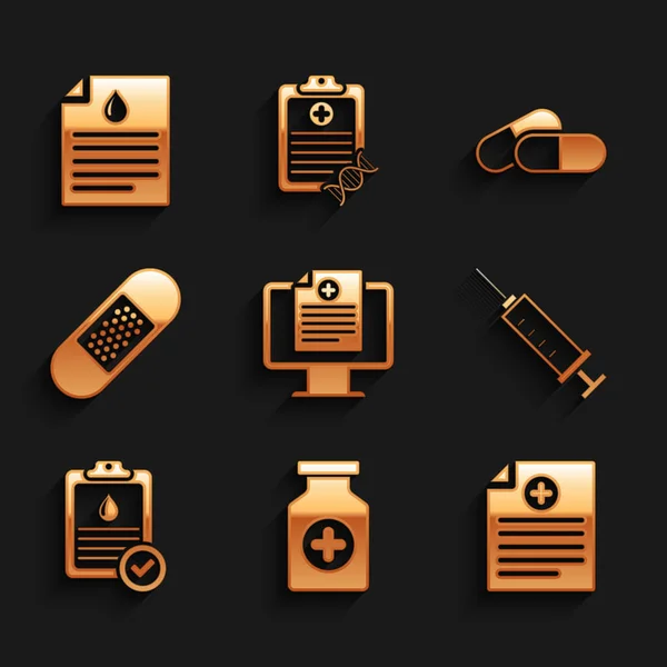 Set Clinical record on monitor, Medicine bottle, , Syringe, Clipboard with blood test and Bandage plaster icon. Vector — Stock vektor