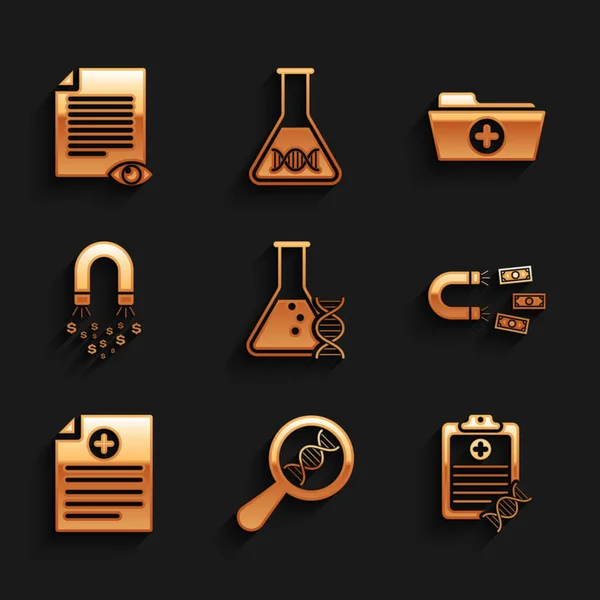 Set DNA research, search, , Clipboard with analysis, Magnet money, Clinical record and icon. Vector — ストックベクタ