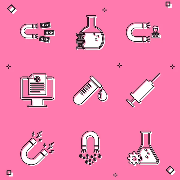 Set Magnet with money, DNA research, search, Customer attracting, Clinical record monitor, Test tube drop of blood and Syringe icon. Vector — 스톡 벡터