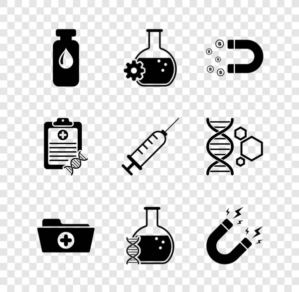 Set Medical vial, ampoule, Bioengineering, Magnet with money, Health record folder, DNA research, search and lightning icon. Vector —  Vetores de Stock