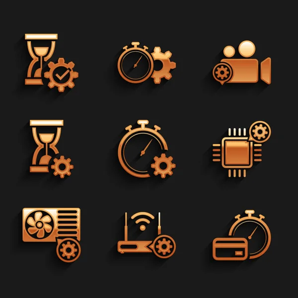 Set Time management setting, Router and wi-fi, Fast payments, Processor, Air conditioner and Hourglass icon. Vector — Image vectorielle