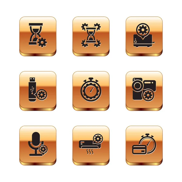 Set Hourglass setting, Microphone, Air conditioner, Time management, USB flash drive and Toaster icon. Vector — Stock Vector