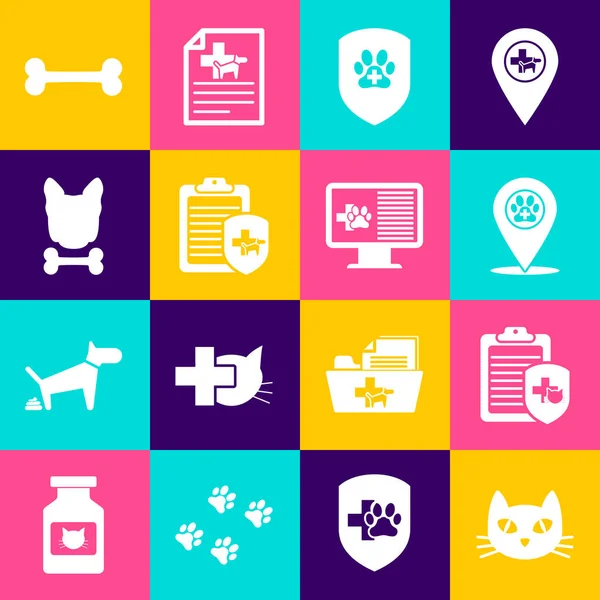 Set Cat, Clinical record pet, Location veterinary, Animal health insurance, and Dog and bone icon. Vector — стоковый вектор