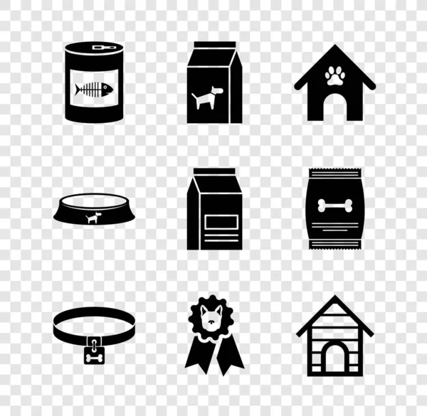 Set Canned food for cat, Bag of dog, Dog house and paw print pet, collar, award symbol and icon. Vector — Image vectorielle