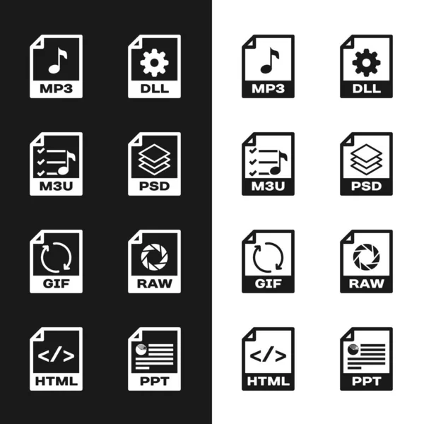 Set PSD file document, M3U, MP3, DLL, GIF and RAW icon. Vector — Διανυσματικό Αρχείο