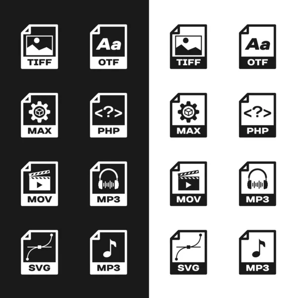 Set PHP file document, MAX, TIFF, OTF, MOV and MP3 icon. Vector — Stockvector