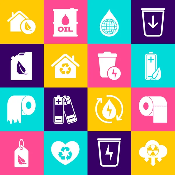 Set Acid rain and radioactive cloud, Toilet paper roll, Eco nature leaf battery, Earth planet water drop, House with recycling, Bio fuel canister, friendly house and Lightning trash icon. Vector — стоковый вектор