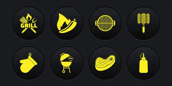 Set Oven glove, Barbecue steel grid, grill, Steak meat, Hot chili pepper pod, Mustard bottle and Crossed fork and spatula icon. Vector — Διανυσματικό Αρχείο