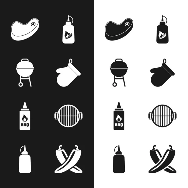 Set Oven glove, Barbecue grill, Steak meat, Ketchup bottle, Crossed hot chili pepper pod and Mustard icon. Vector — стоковый вектор