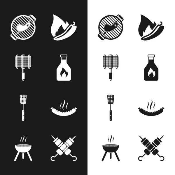 Set Ketchup bottle, Barbecue steel grid, grill with steak, Hot chili pepper pod, spatula, Sausage, Grilled shish kebab and icon. Vector — Vetor de Stock