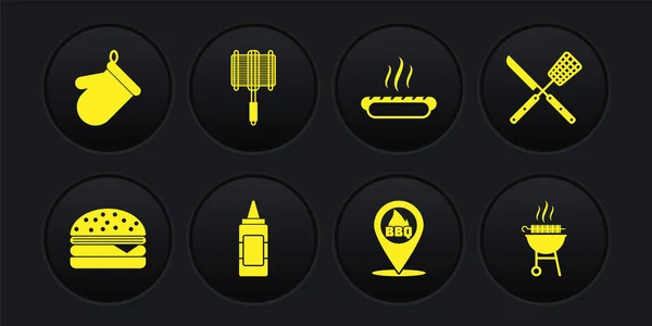 Set Burger, Crossed knife and spatula, Mustard bottle, Location with barbecue, Hotdog sandwich, Barbecue steel grid, grilled shish kebab and Oven glove icon. Vector — Vettoriale Stock