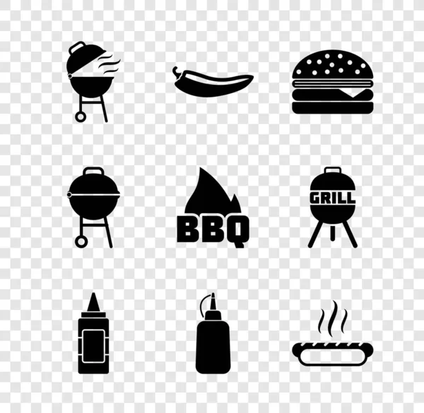 Set Barbecue grill, Hot chili pepper pod, Burger, Mustard bottle, Hotdog sandwich, and fire flame icon. Vector — Vetor de Stock