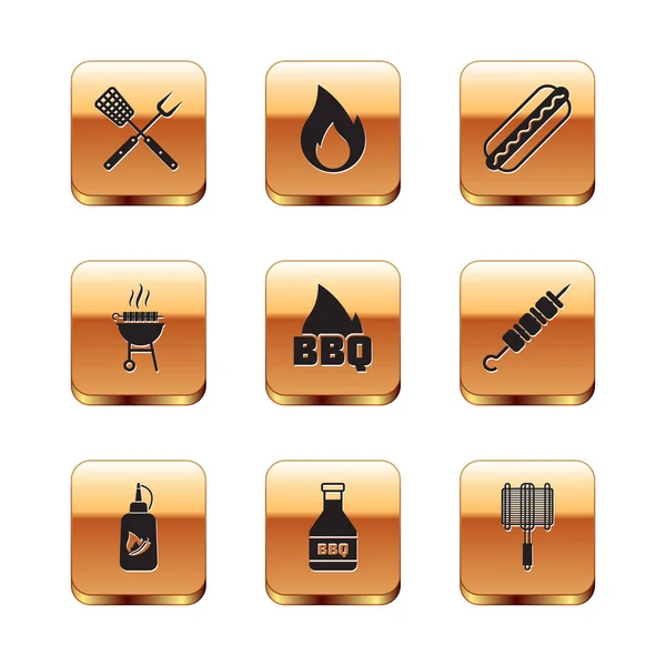 Set Crossed fork and spatula, Ketchup bottle, Barbecue fire flame, grilled shish kebab, Hotdog sandwich, steel grid and Fire icon. Vector — 图库矢量图片