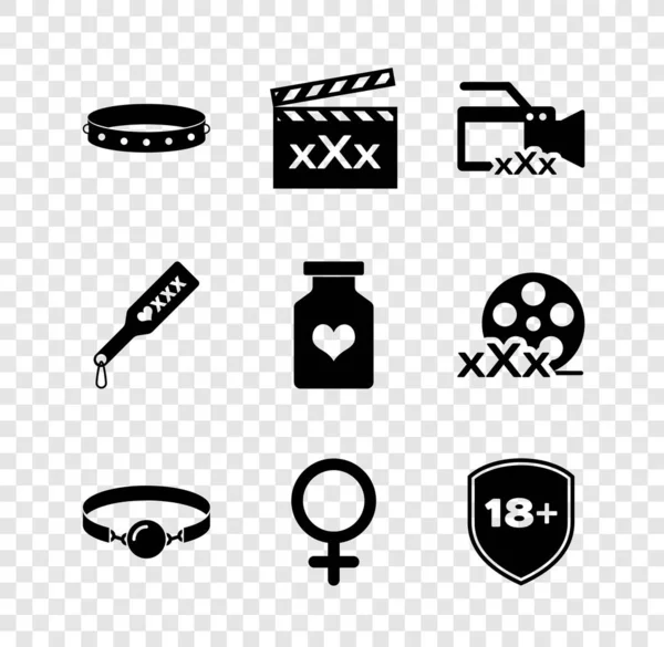 Set Leather fetish collar, Movie clapper with Sex, Video camera, Silicone ball gag, Female gender symbol, Shield 18 plus, Spanking paddle and Bottle pills for potency icon. Vector - Stok Vektor