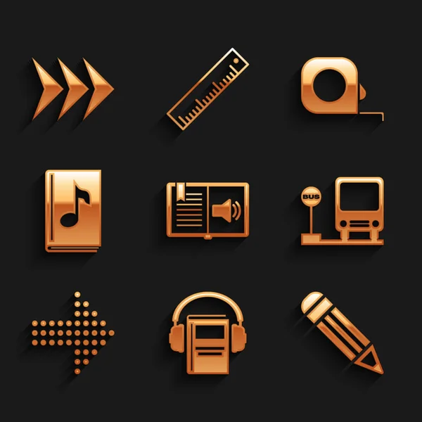 Set Audio book, Pencil, Bus stop, Dots arrow, Roulette construction and Arrow icon. Vector — Stockvector