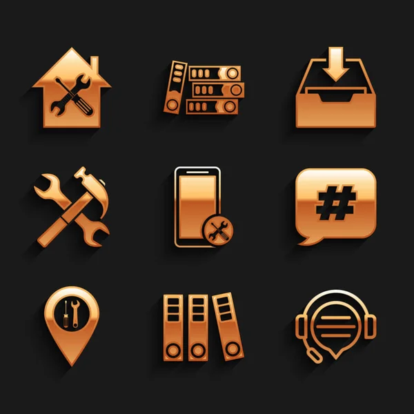 Set Mobile service, Office folders, Headphones with speech bubble chat, Hashtag, Location, Crossed hammer and wrench, Download inbox and House icon. Vector — Image vectorielle