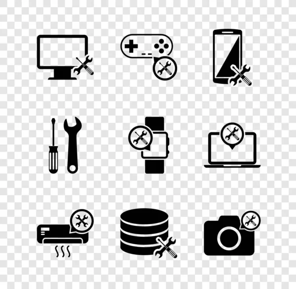 Set Computer monitor service, Gamepad, Smartphone, Air conditioner, Database server, Photo camera, Screwdriver and wrench and Smartwatch icon. Vector — Stock Vector