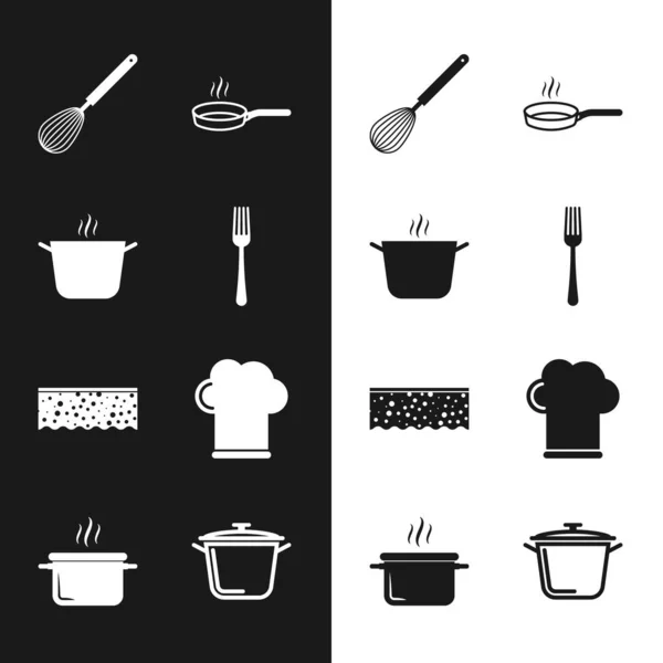 Set Fork, Cooking pot, Kitchen whisk, Frying pan, Sponge with bubbles, Chef hat, and icon. Vector — Vettoriale Stock