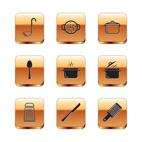 Set Kitchen ladle, Grater, Knife, Cooking pot, Spoon, and soup icon. Vector — Stockvektor