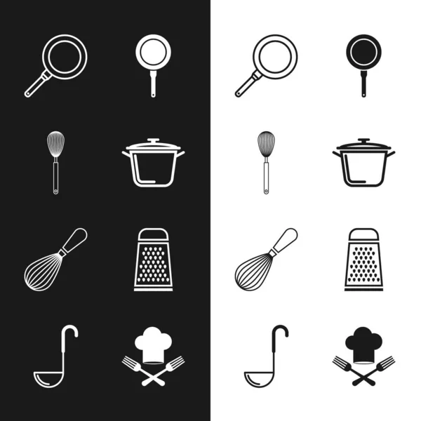 Set Cooking pot, Kitchen whisk, Frying pan, Grater, Chef hat and fork and ladle icon. Vector — Διανυσματικό Αρχείο