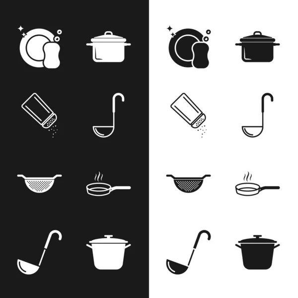 Set Kitchen ladle, Salt and pepper, Washing dishes, Cooking pot, colander, Frying pan, and icon. Vector — Stockvektor