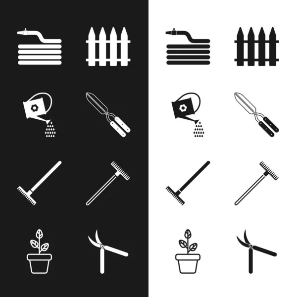 Set Gardening handmade scissor, Watering can, hose fire hose, fence, rake, and Flowers pot icon. Vector — Stockvector