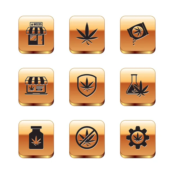 Set Marijuana and cannabis store, Medical bottle with marijuana, Stop, Shield, Online buying, seeds, Test tube and leaf icon. Vector — Archivo Imágenes Vectoriales