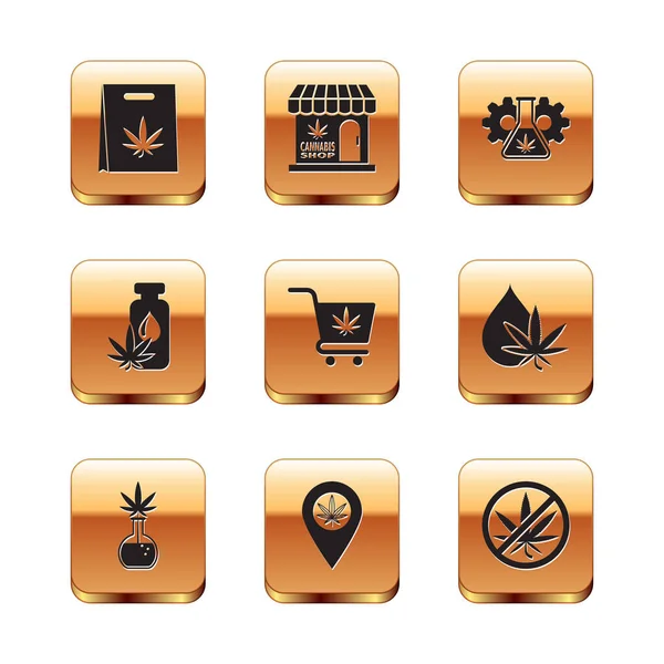 Set Shopping bag of marijuana, Test tube with, Location and, cart, Marijuana or cannabis leaf oil, Stop and store icon. Vector — Archivo Imágenes Vectoriales
