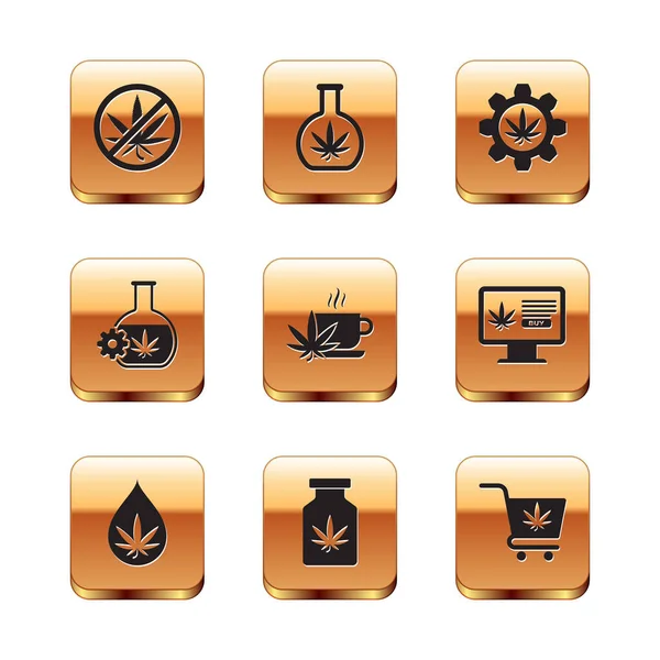 Set Stop marijuana, Marijuana or cannabis leaf oil, Medical bottle with, Cup tea, Test tube, Shopping cart and icon. Vector — Διανυσματικό Αρχείο