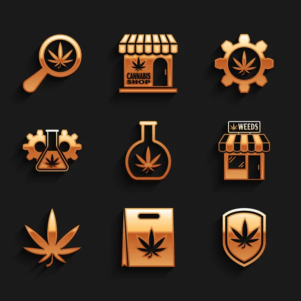 Set Test tube with marijuana, Shopping bag of, Shield and, Marijuana cannabis store, leaf, and Magnifying glass icon. Vector — Vettoriale Stock