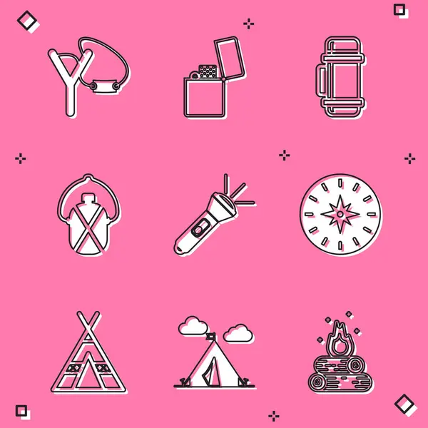Set Slingshot, Lighter, Thermos container, Canteen water bottle, Flashlight, Compass, Tourist tent and with flag icon. Vector — Image vectorielle