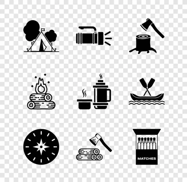 Set Tourist tent with flag, Flashlight, Wooden axe in stump, Compass, and wood, Open matchbox matches, Campfire and Thermos container icon. Vector — Stockvector