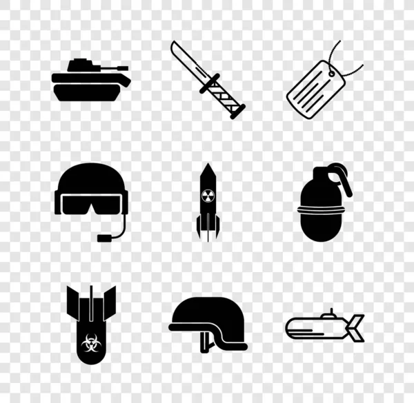 Set Military tank, knife, dog tag, Biohazard bomb, helmet, Submarine, and Nuclear rocket icon. Vector — Stock vektor