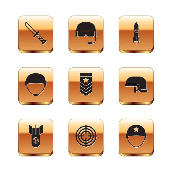 Set Military knife, Nuclear bomb, Target sport, Chevron, helmet, rocket, and icon. Vector — Vettoriale Stock