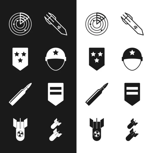 Set Military helmet, Chevron, Radar with targets, Biohazard rocket, Bullet, Aviation bomb and Nuclear icon. Vector — Image vectorielle