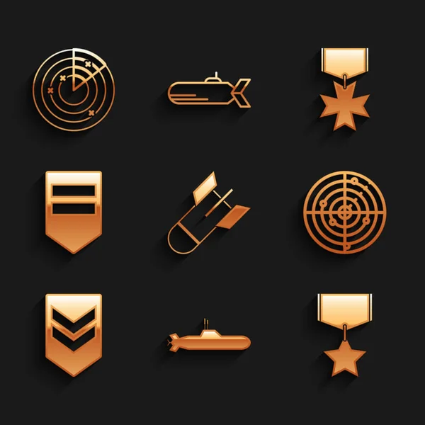 Set Aviation bomb, Submarine, Military reward medal, Radar with targets, Chevron, and icon. Vector — Stock vektor