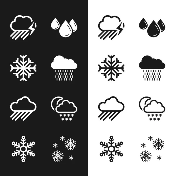 Set Cloud with rain, Snowflake, and lightning, Water drop, and snow moon icon. Vector — Stock Vector
