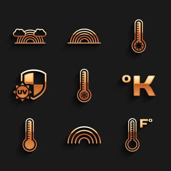 Set Meteorology thermometer, Rainbow, Kelvin, UV protection, and with clouds icon. Vector — стоковый вектор
