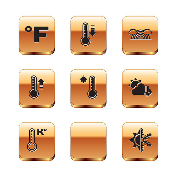 Set Fahrenheit, Meteorology thermometer, Rainbow with sun, clouds, Sun and snowflake and icon. Vector