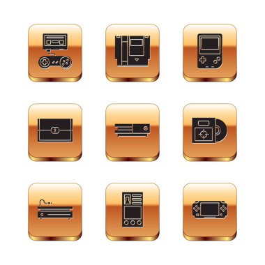 Set Game console with joystick, Video game, Create account screen, Chest for, Portable video, and Cartridge icon. Vector