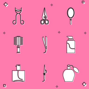 Set Eyelash curler, Scissors, Hand mirror, Hairbrush, Curling iron, Cream cosmetic tube, Perfume and icon. Vector